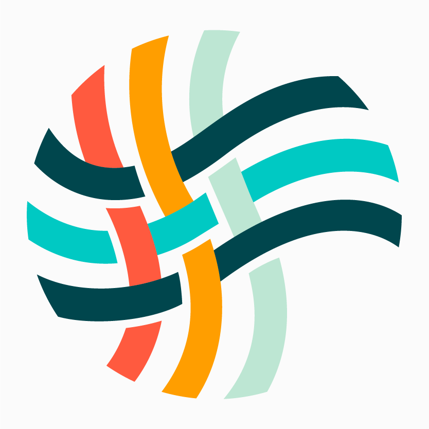 A circular abstract design formed by interwoven curved bands in teal, turquoise, orange, light green, and red on a white background. The pattern evokes a woven textile—symbolizing the connected support of ABA near Houston TX.