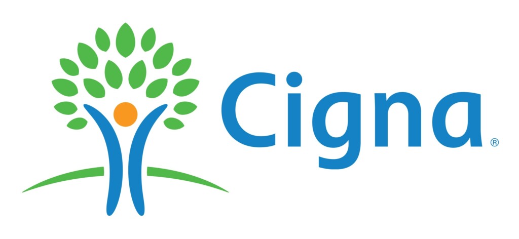Cigna logo featuring a stylized tree with green leaves and a person formed by blue and orange shapes, alongside the word "Cigna" in blue text on a white background—ideal for autism therapy near Houston TX materials.