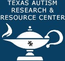 White oil lamp with a puzzle piece on its side, symbolizing autism, beneath the text "Texas Autism Research & Resource Center" on a blue background—representing autism services near Houston TX.