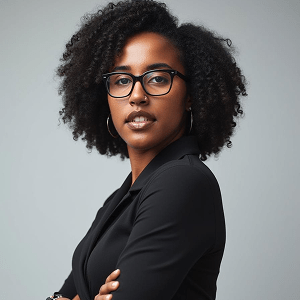 A confident young woman with curly hair, wearing glasses and a black blazer, stands with her arms crossed against a plain light gray background.