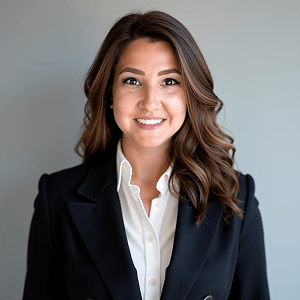 A woman with long brown hair, wearing a black blazer and white shirt, smiles while standing in front of a plain light gray background.