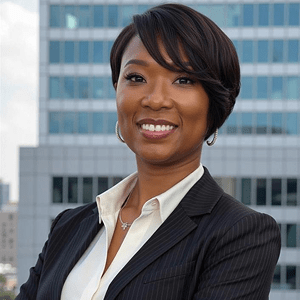 A woman in a dark pinstripe suit stands smiling with arms crossed in front of a modern office building. She has short hair and wears a white blouse and hoop earrings.