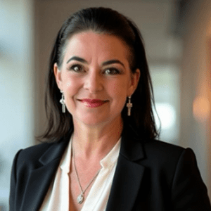 A woman with dark hair, wearing a black blazer, white blouse, cross earrings, and a necklace, smiles at the camera in a softly lit indoor setting.